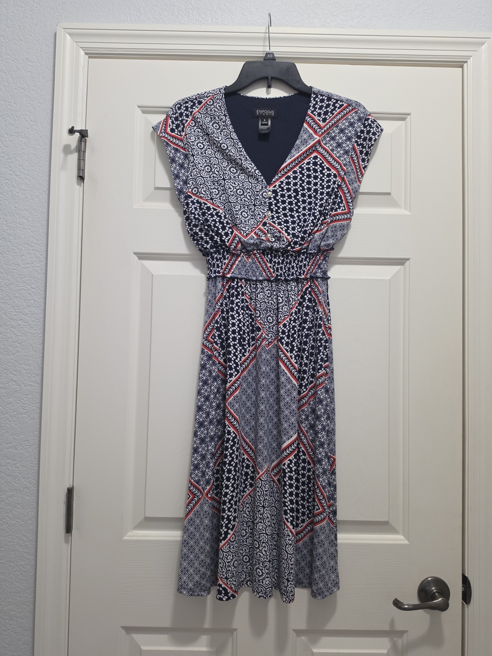 Enfocus Studio Navy and Red Printed V-Neck Elastic Waist Midi Dress